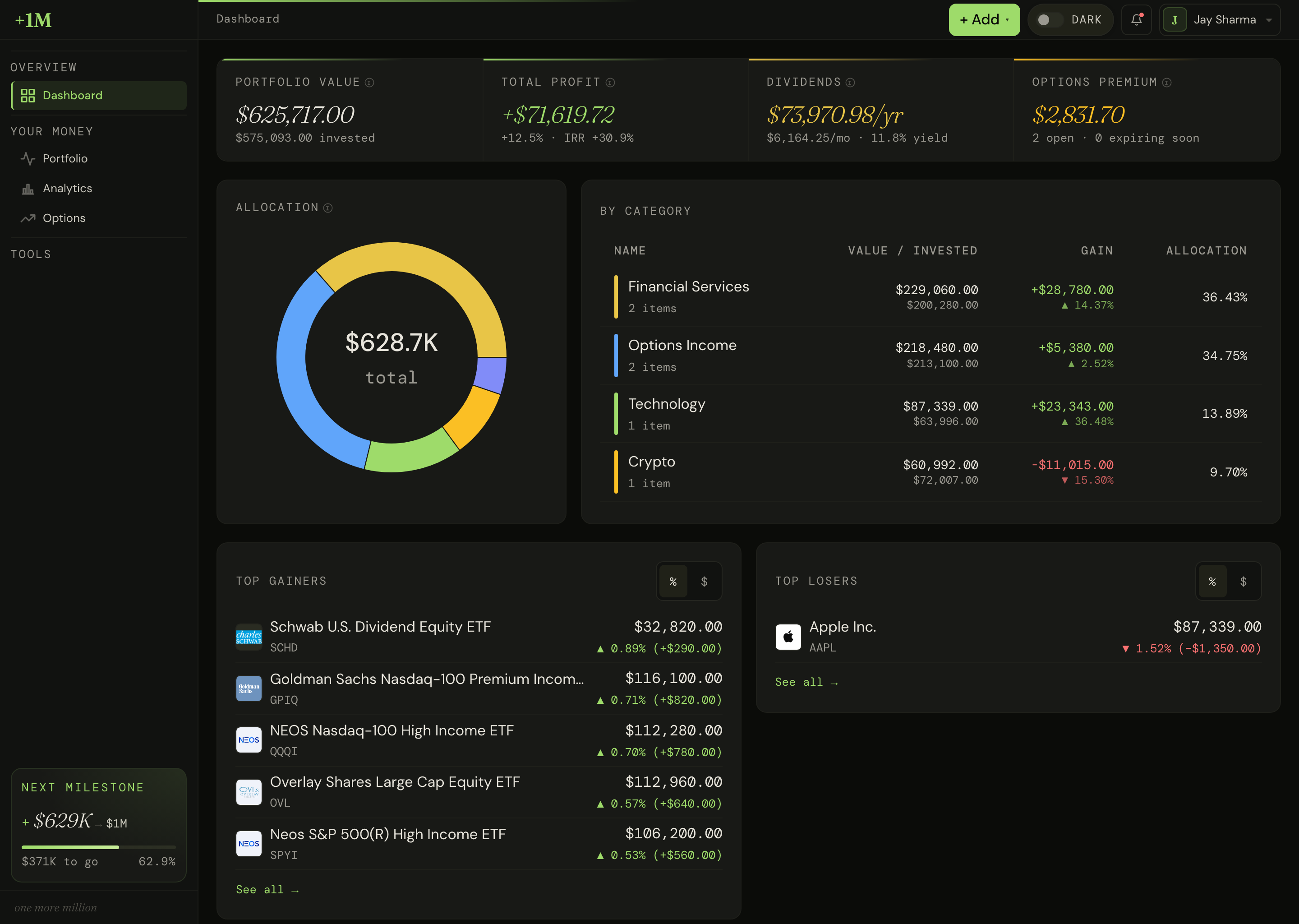 OMM dashboard combining income in one view: portfolio value, profit, dividends, options premium, with allocation and a by-category breakdown.